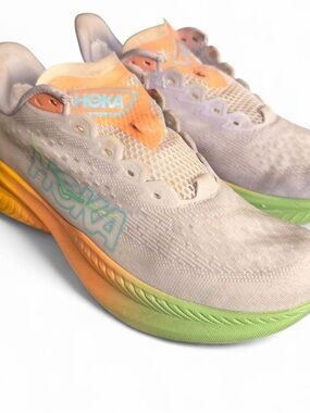 Hoka White Running Shoes with Orange and Lime Accents